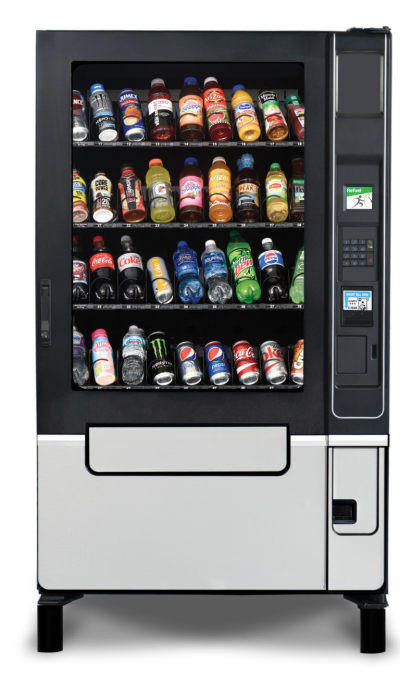 Federal Machine sleek black and gray VendRevv Elevator 36 Select Chill Center Drink Vending Machine with a variety of drinks
